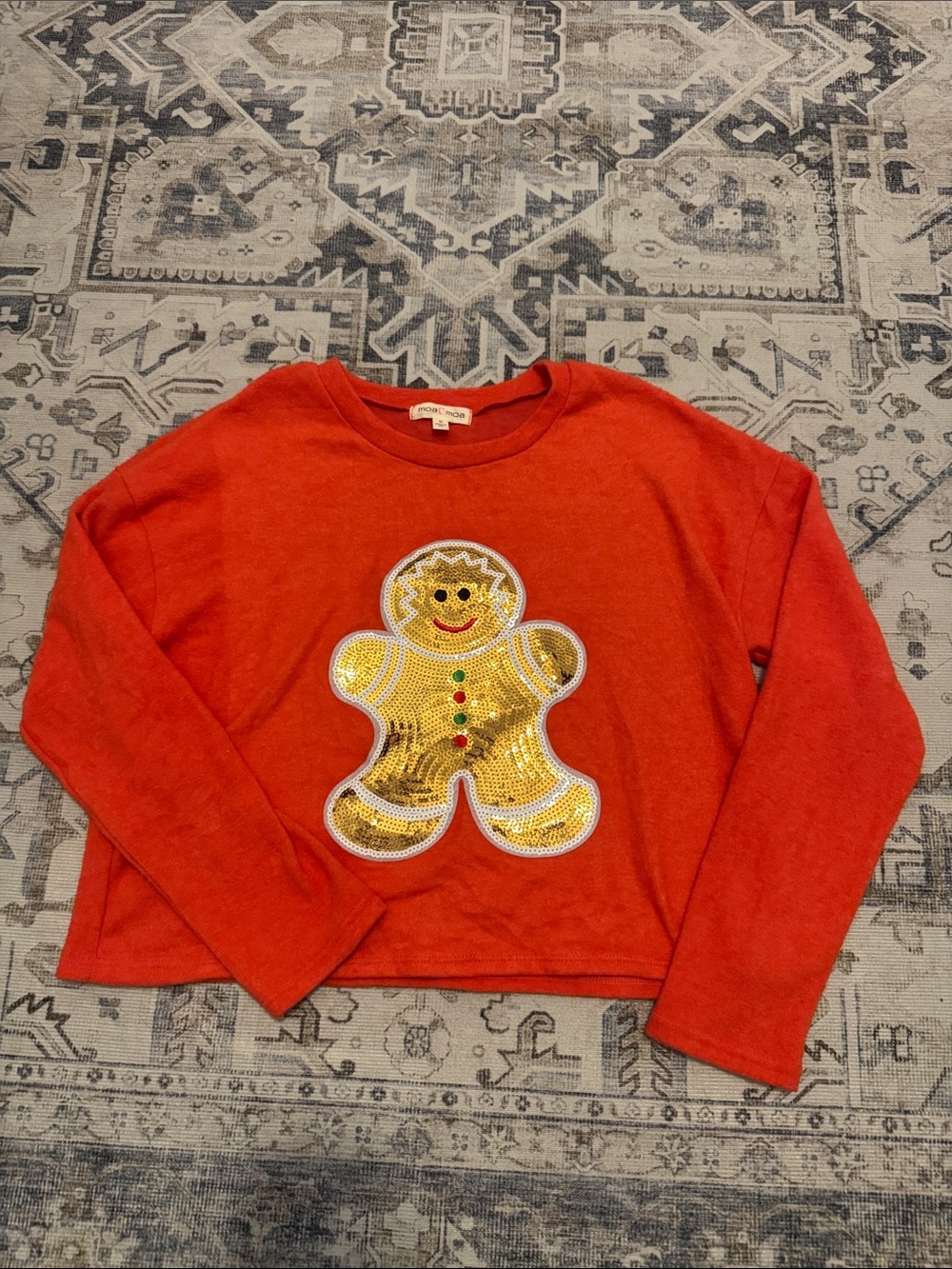 Moa Moa Medium Red Sequin Gingerbread Man Christmas Top Made in USA